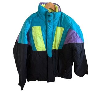 1980's Vintage Alpine Ski Puffer Retro Jacket Size XL Colorblock Neon Vibrant